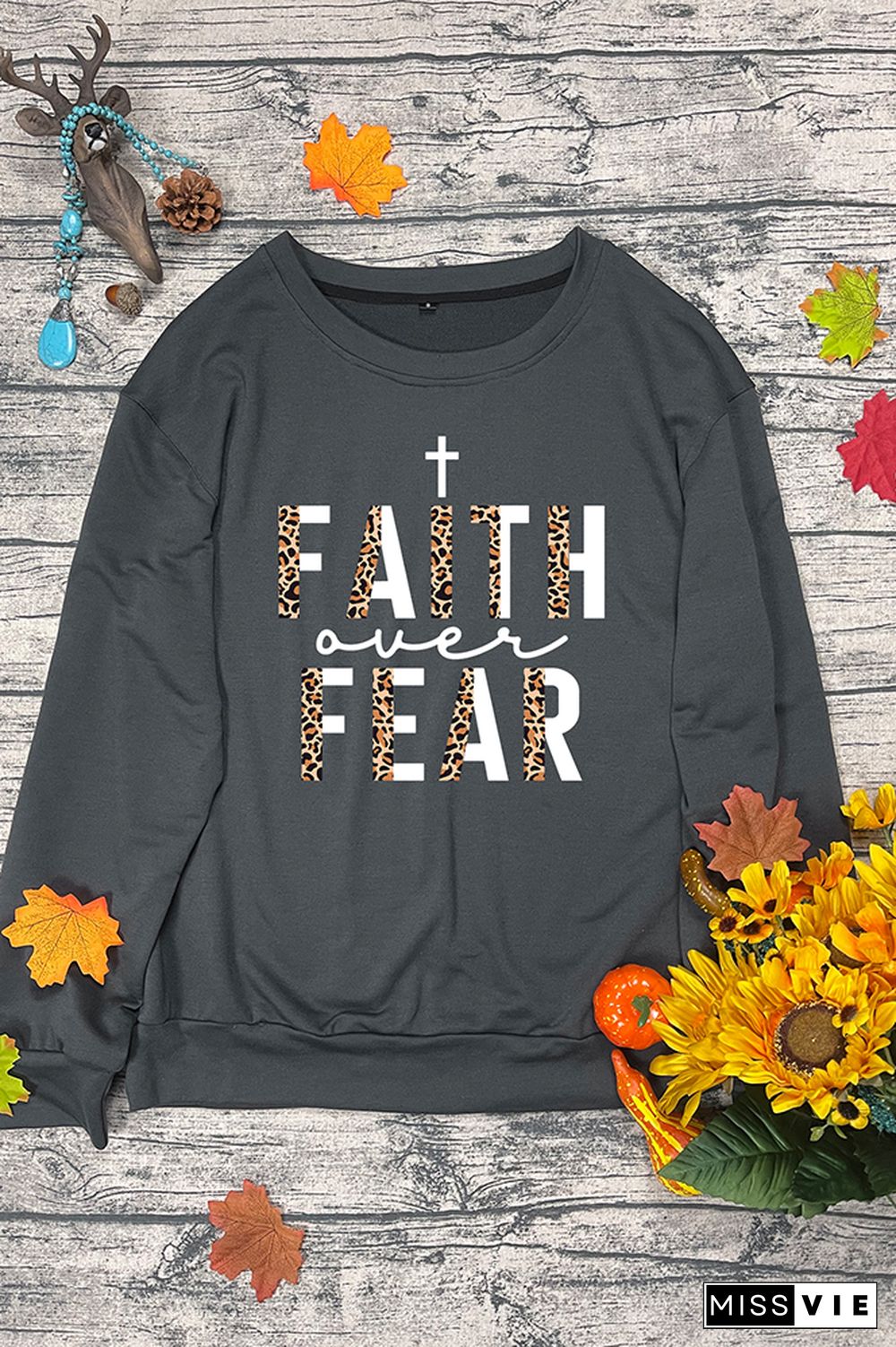 Faith Over Fear Half Leopard Black Print O-neck Long Sleeve Sweatshirts Women Wholesale