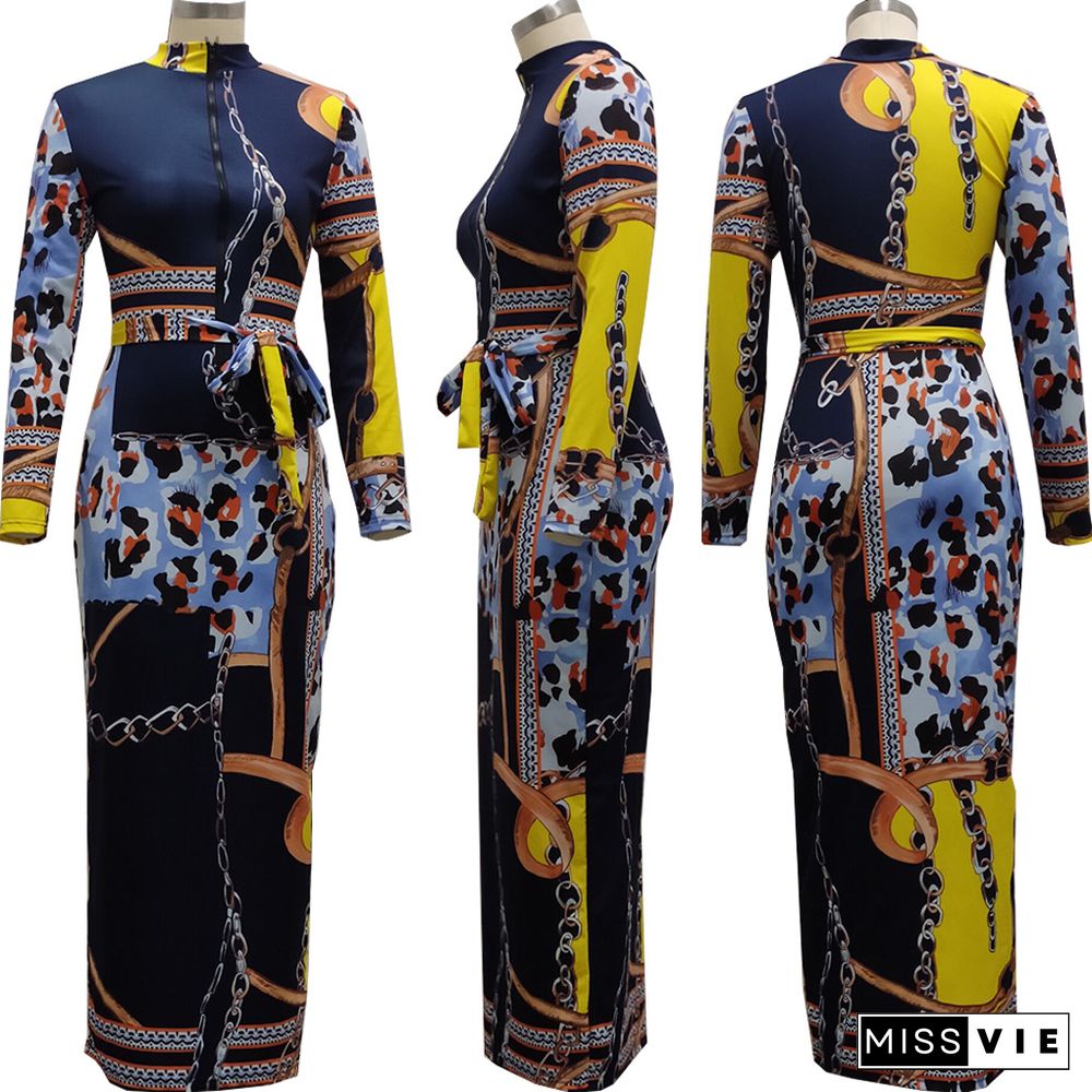 Autumn Fashion Women Printed Long Sleeve Round Neck Zipper Bodycon Sexy Club Party Maxi Dress