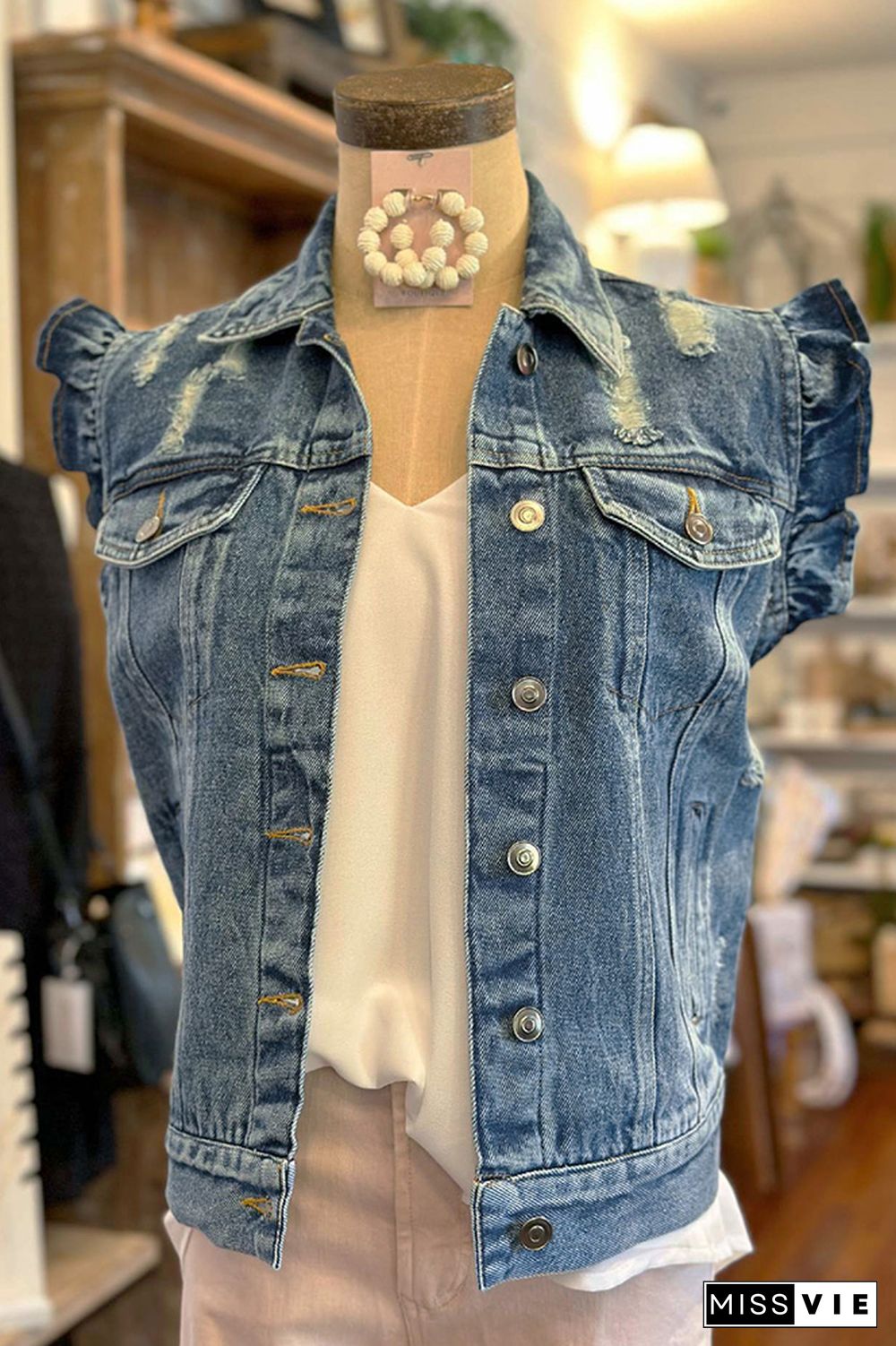 Ripped Button Up Ruffle Denim Jacket