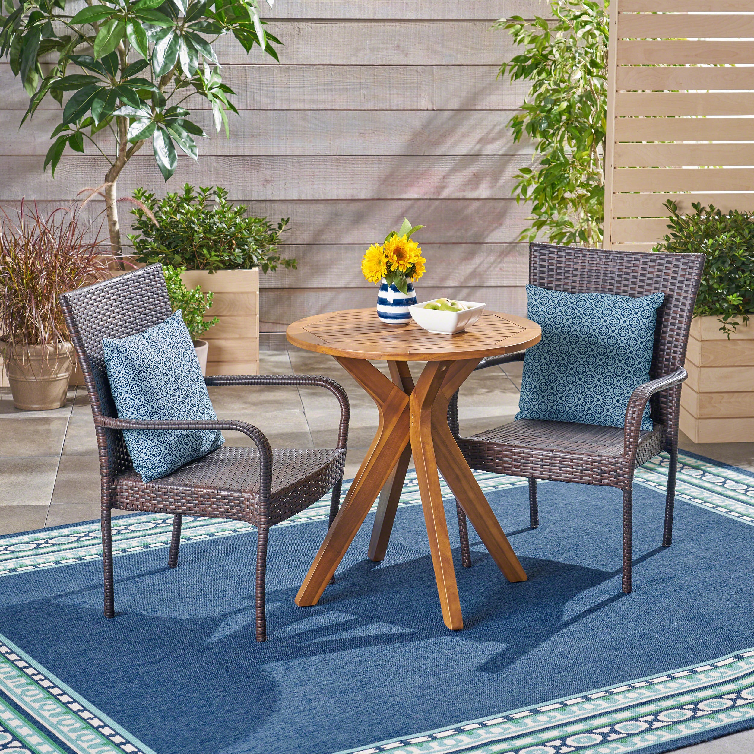 Franzburg Outdoor 3 Piece Acacia Wood and Wicker Bistro Set