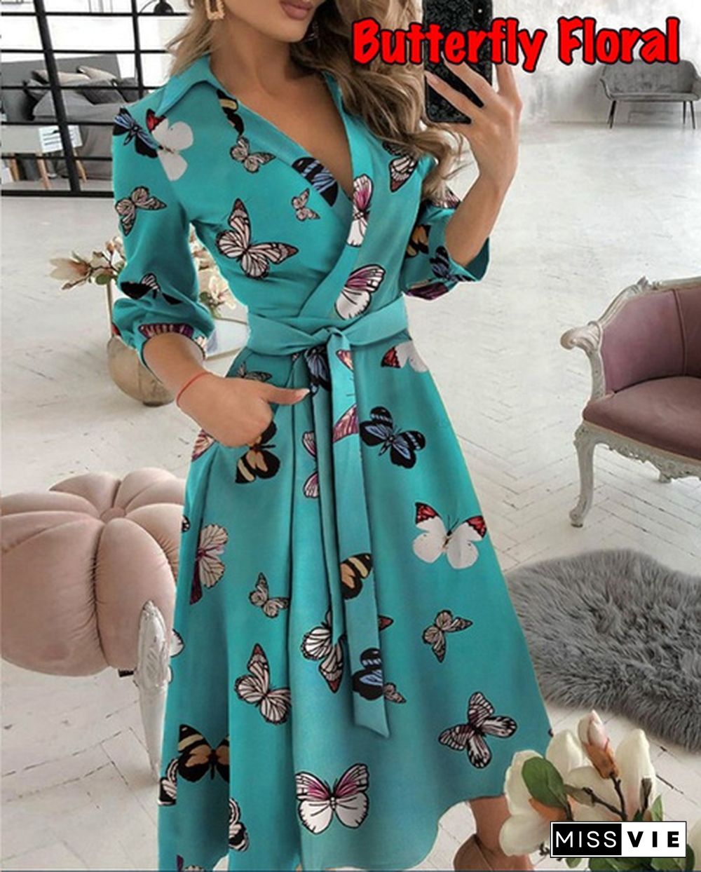 Fashion V-neck Print Dress Summer Casual Dress Belt Lace Up Party A Line Prom Dress Long Sleeve Ladies Tunic Dress