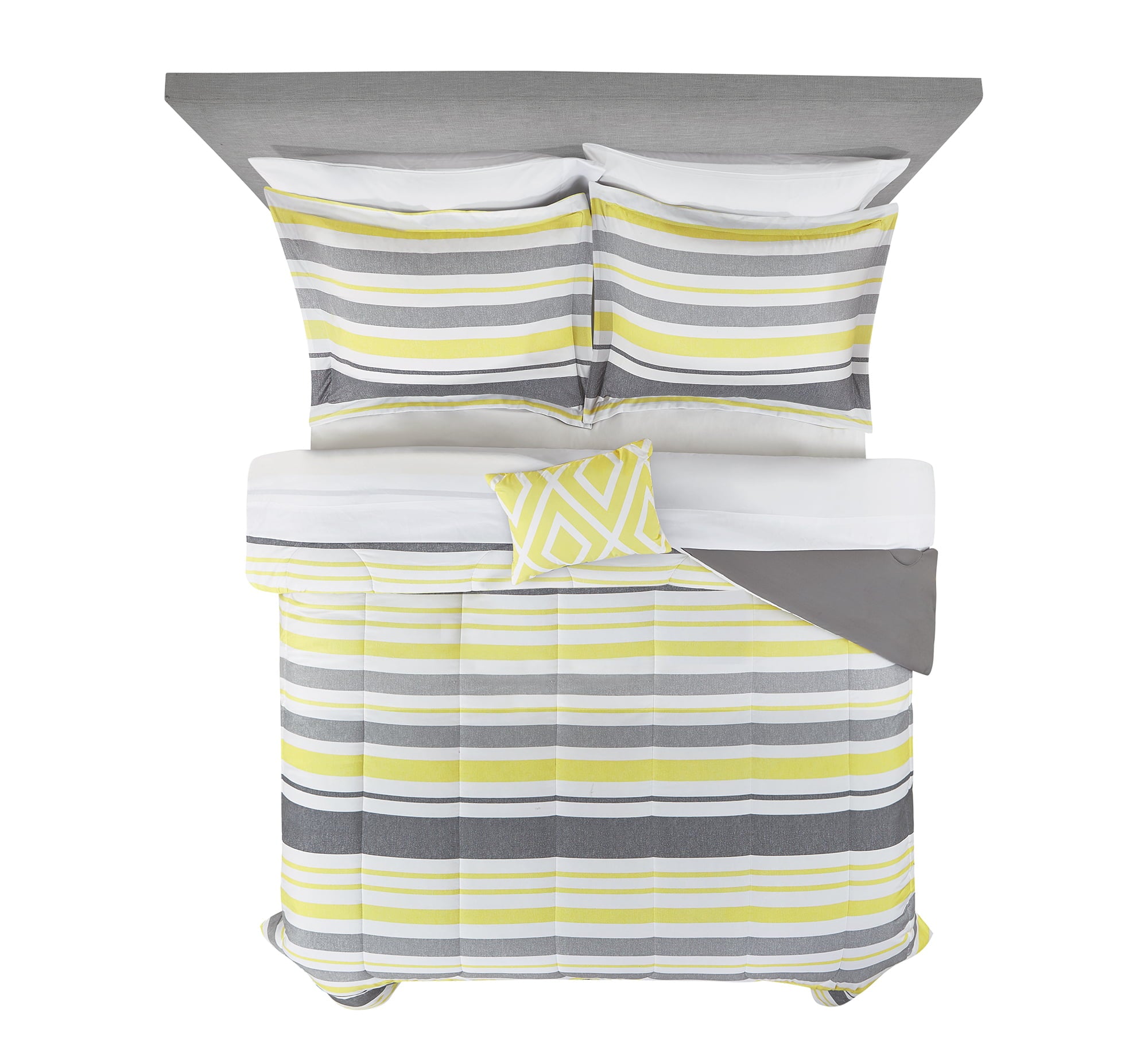 Mainstays Grey and Yellow Stripe 8 Piece Bed in a Bag Comforter Set with Sheets， Queen