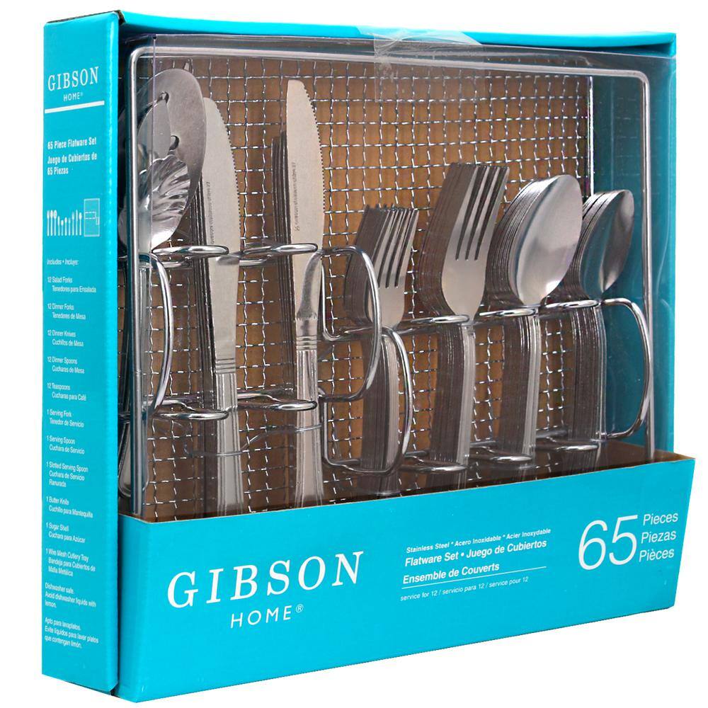 Gibson Bay 65 Piece Silver Stainless Steel Flatware Set with Wire Caddie (Service for 8) 985100583M