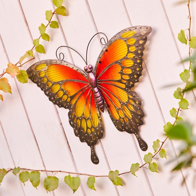 Luxenhome Orange And Yellow Butterfly Metal And Glass Outdoor Wall Decor