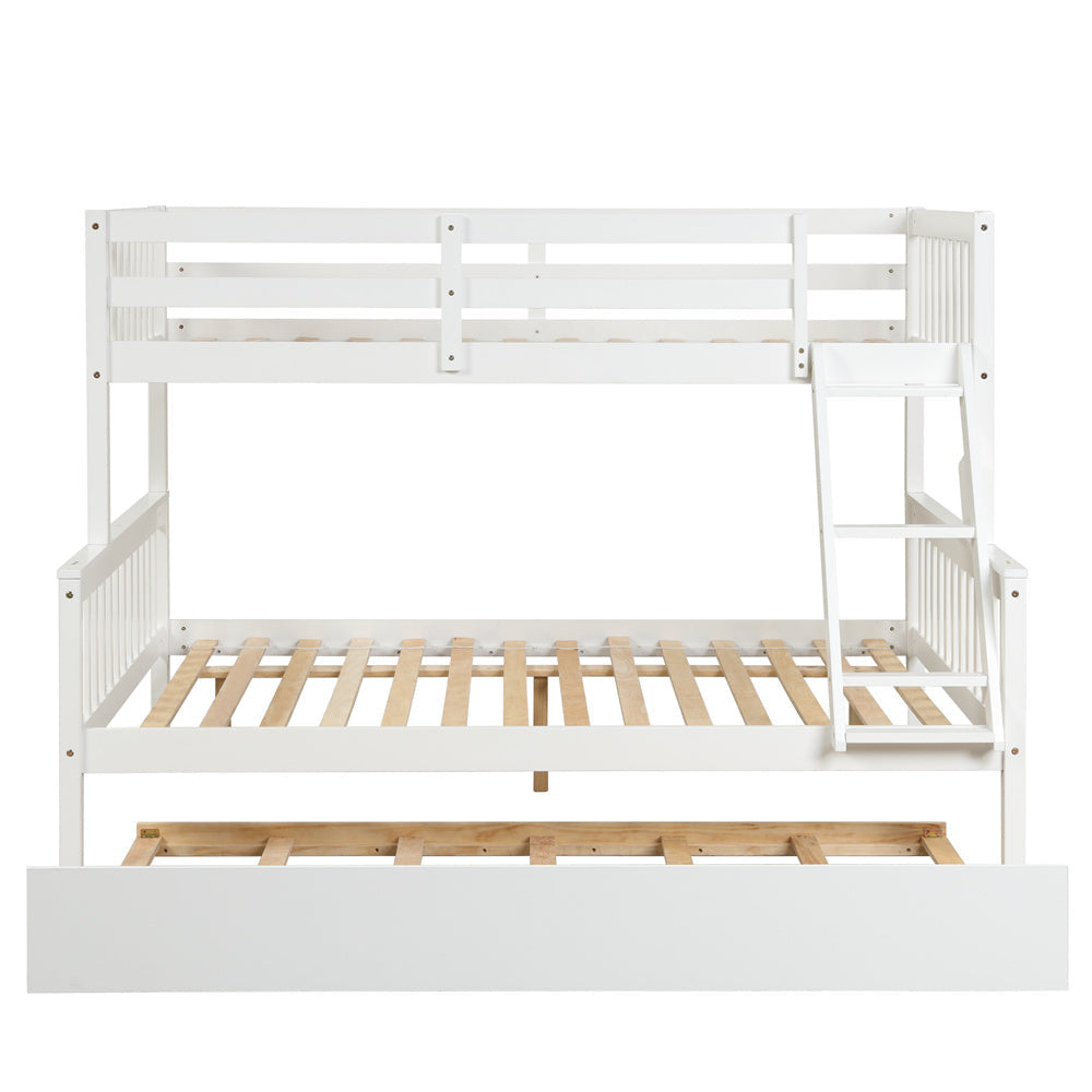 Twin Over Full Bunk Bed with Trundle, Wood Bed Frame with Ladder and Safety Rails for Kids, Teens, Adults, White