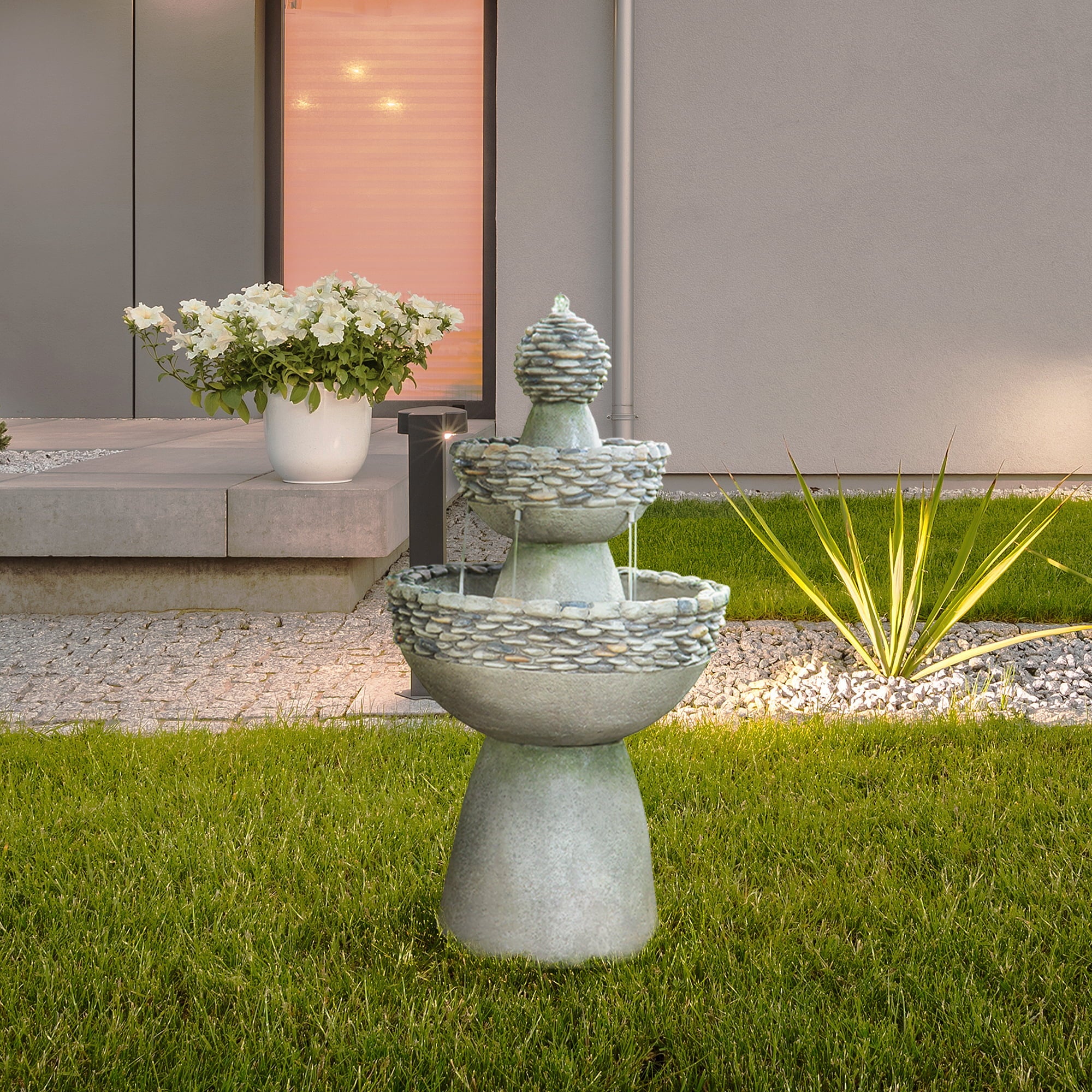 Teamson Home Outdoor Stone-Look 3-Tier Pedestal Floor Fountain， Gray