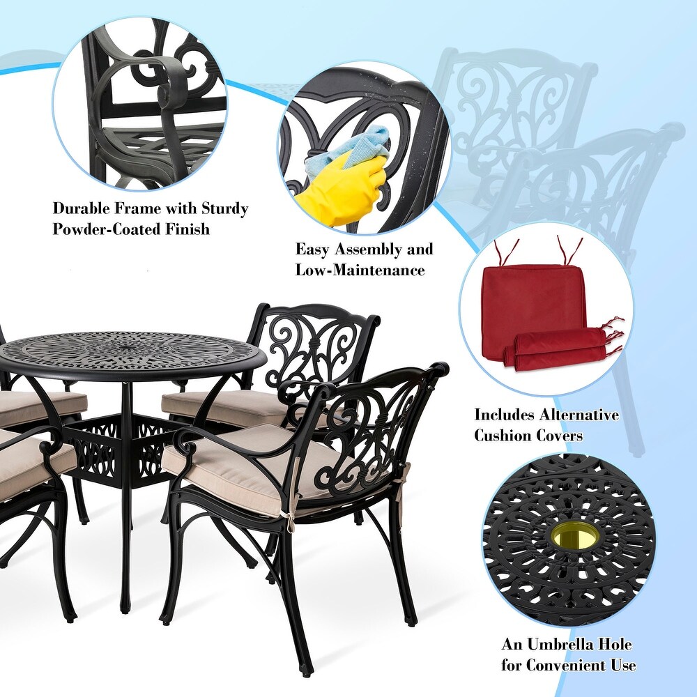 5 Piece Cast Aluminium Dining Set with Olefin Fabric Cushions (Includes Alternative Cushion Covers)