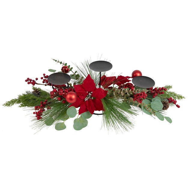 Triple Candle Holder With Red Berry And Poinsettia Christmas Decor