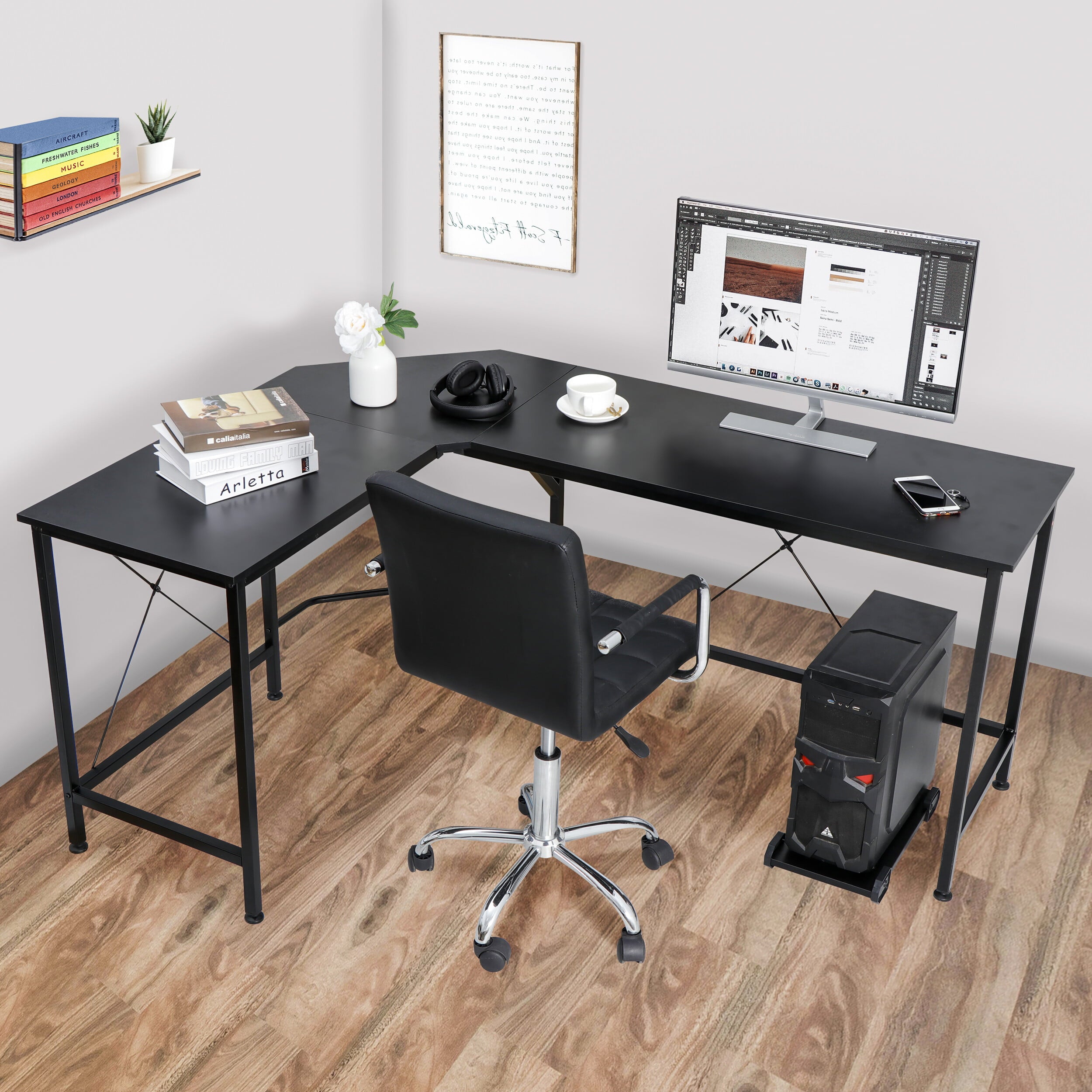 HomGarden L-Shaped 66” Reversible Computer Desk W/ CPU Stand, Home Gaming Desk Black