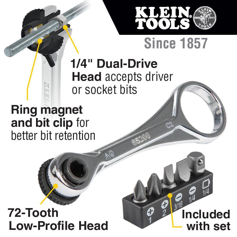 Klein Tools 14 in. Drive Electrician's Mini Ratchet with Screwdriver Bits and Adapter 65200