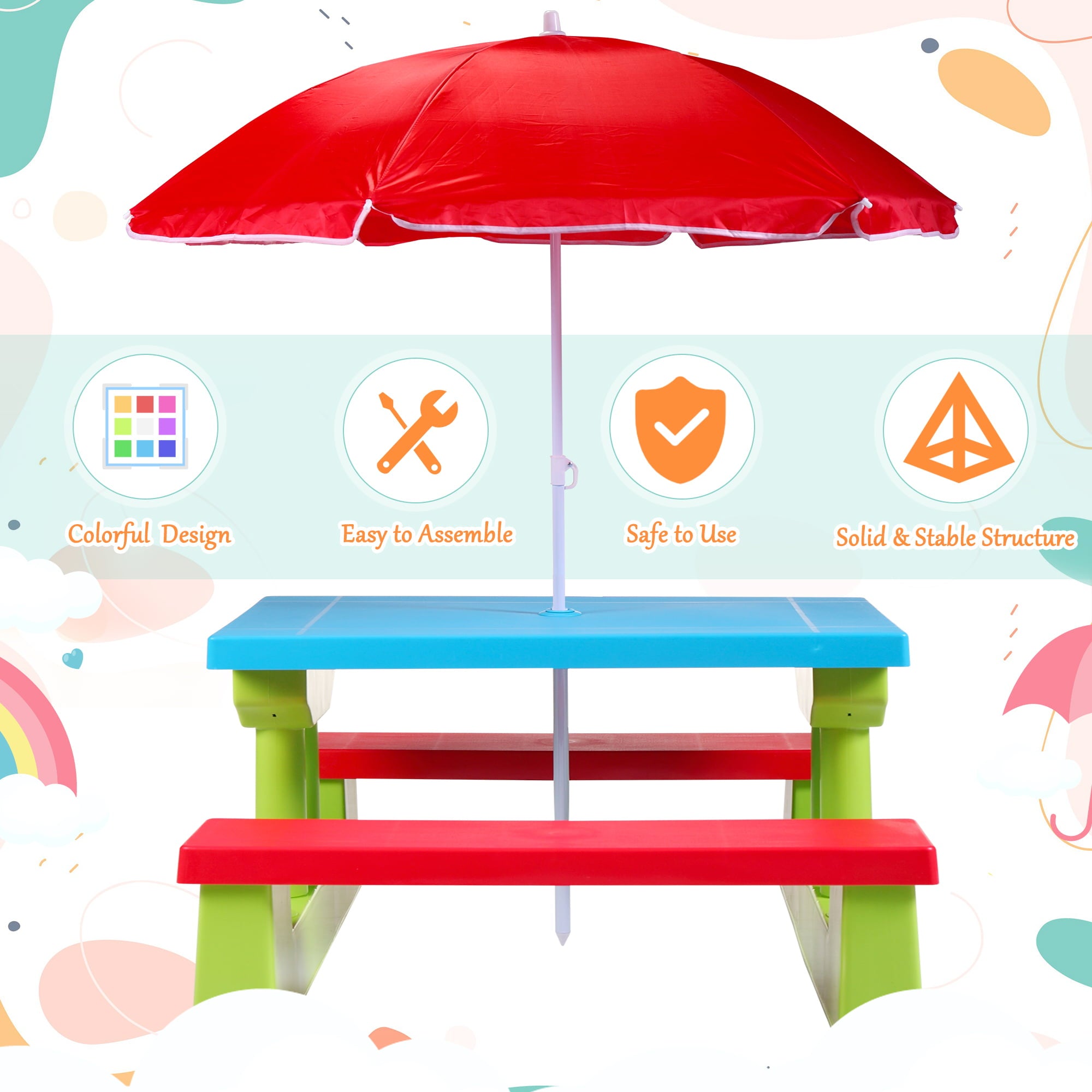 Tobbi 4 Seat Kids Picnic Table Bench Set Colorful Portable Garden Yard Bench W/ Removable Umbrella