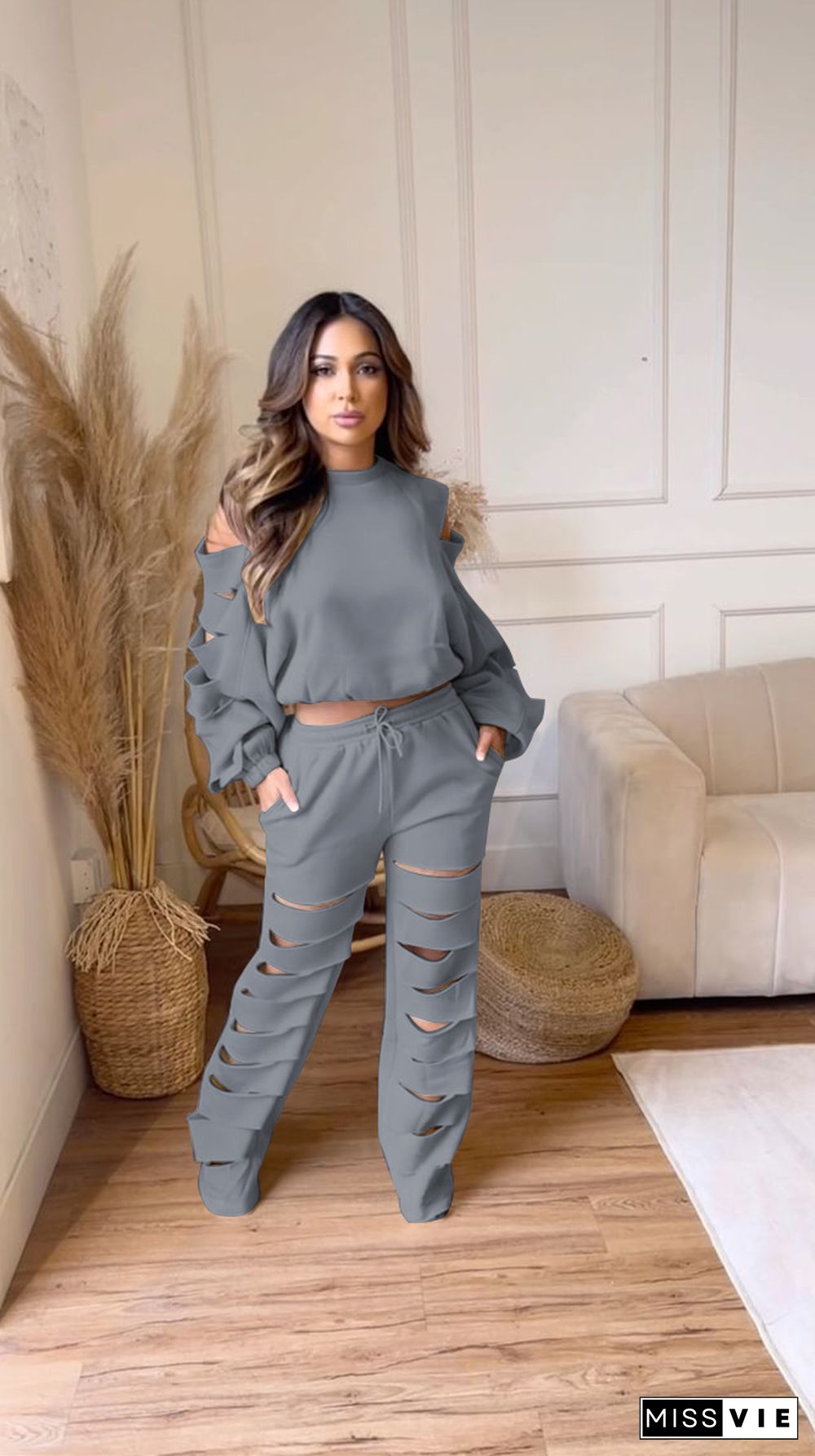 Cut Out Holes Long Sleeve T-shirt and Pants Outfits