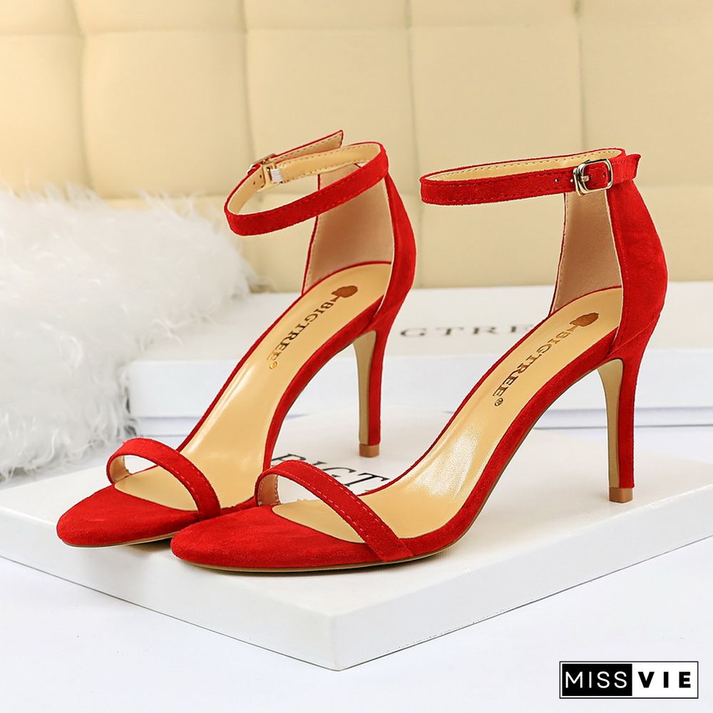 Women 10cm High Heels Flock Stripper Sandals Female Fetish Strappy Red Shoes Lady Valentine Green Summer Classic Sexy Pumps