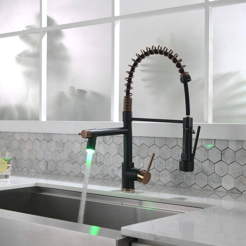 Boyel Living 1.8 GPM Single Handle Pull Down Sprayer Kitchen Faucet with LED Light and Pot Filler in Matte Black Mix Rose Gold BL-2BR91-LED