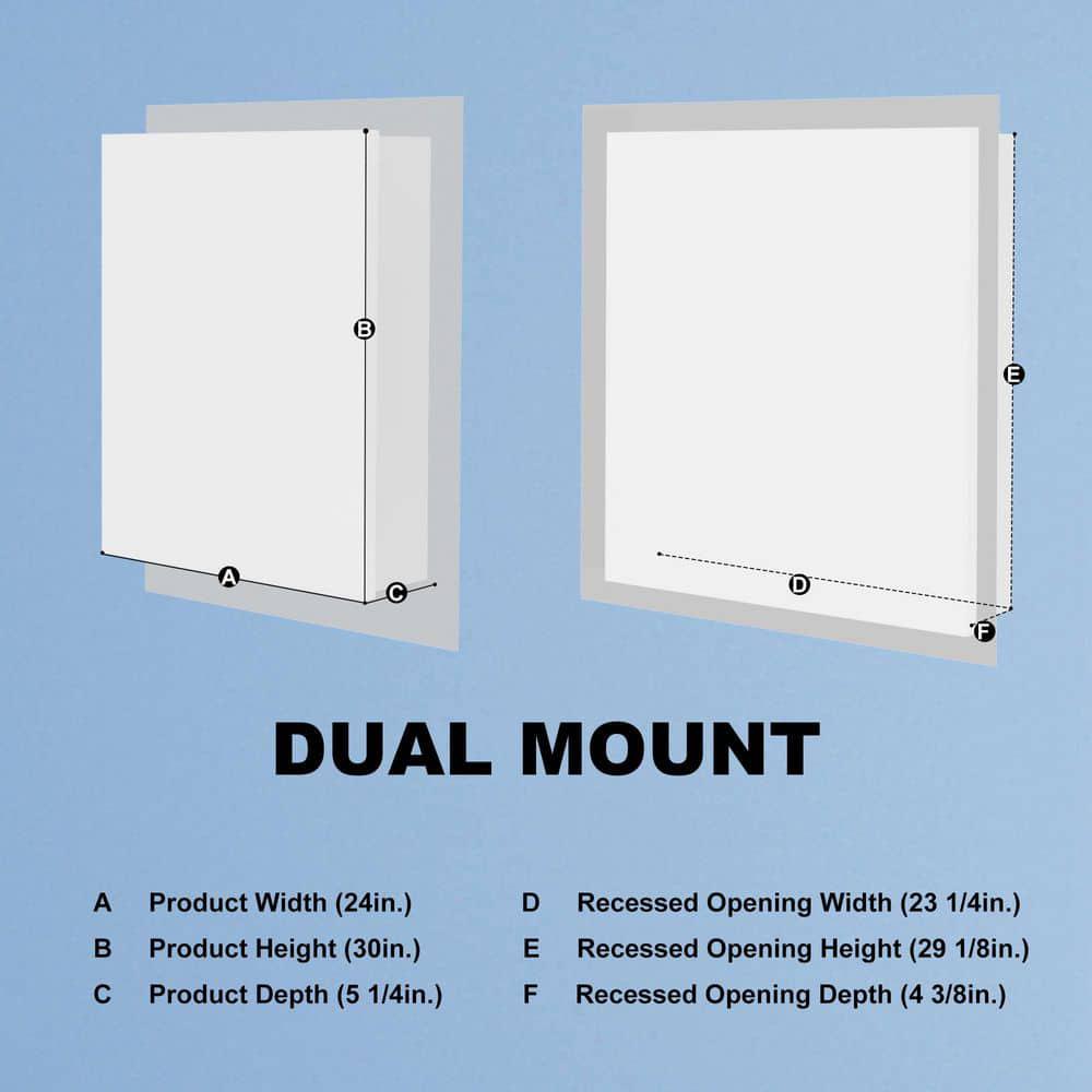 ExBrite 24 in W x 30 in H Rectangular Silver Aluminum RecessedSurface Mount Right Medicine Cabinet with Mirror and LED Light