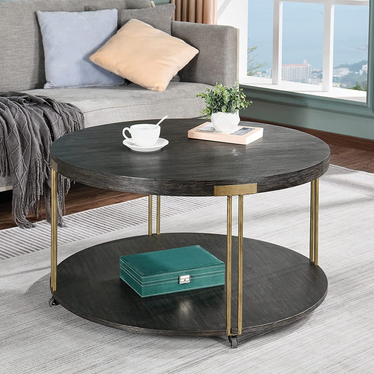 Round Coffee Table 2-Tier Cocktail Table with Storage Shelf Solid Wood