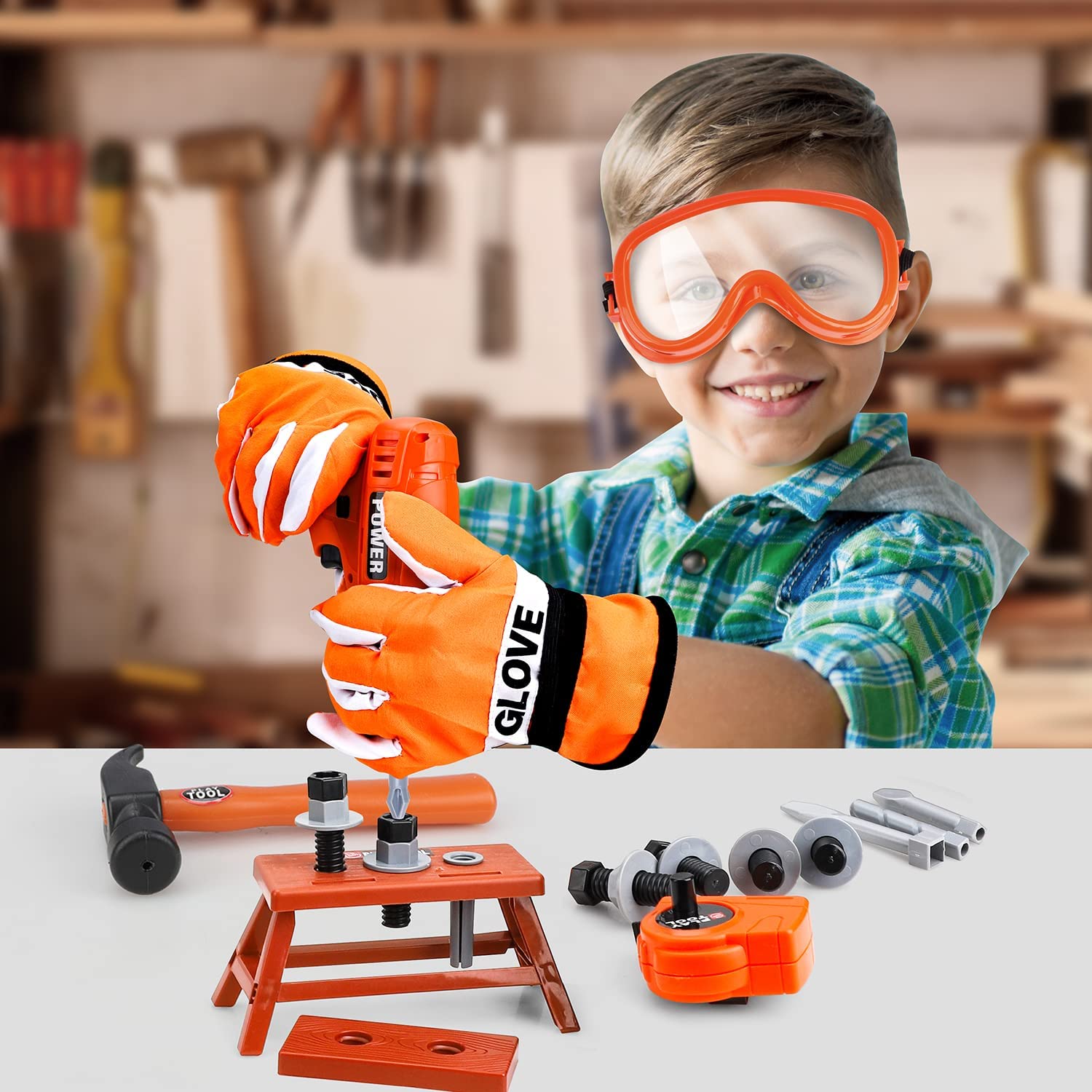 TOY Life Kids Tool Set with Kids Tool Belt， Toddler Tool Set with Electric Toy Drill， Construction Tool Set for Kids Halloween Pretend Play Tools， Toy Tools for Kids Ages 3 4 5 6 7 Years Old， Boy Toys