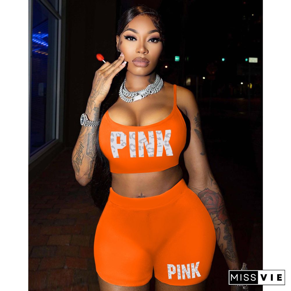 PINK Print Straps Tanks with Shorts 2 Pieces Suits