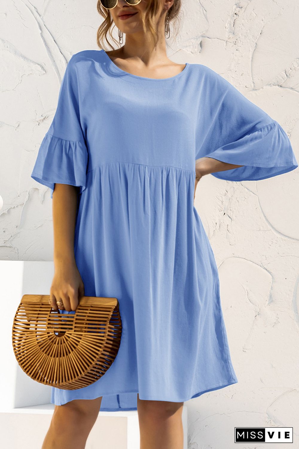 Solid Color Short Sleeve Panelled Pocket Loose Dress Wholesale