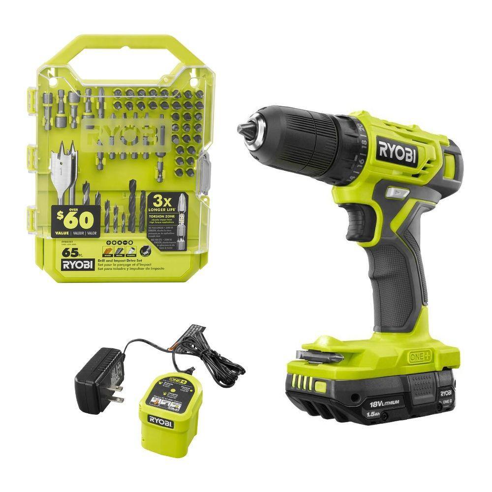 RYOBI ONE+ 18V Cordless 38 in. DrillDriver Kit with 1.5 Ah Battery Charger and Drill and Drive Kit (65-Piece) PDD209K-A986501