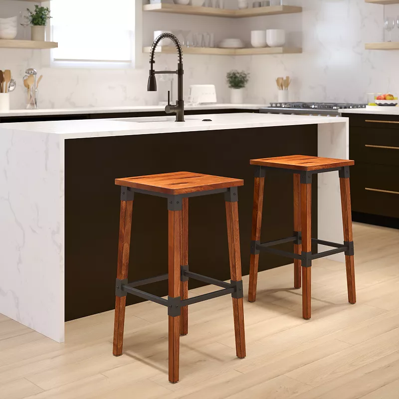 Flash Furniture Rustic Antique Walnut Industrial Wood Bar Stool 2-Piece Set