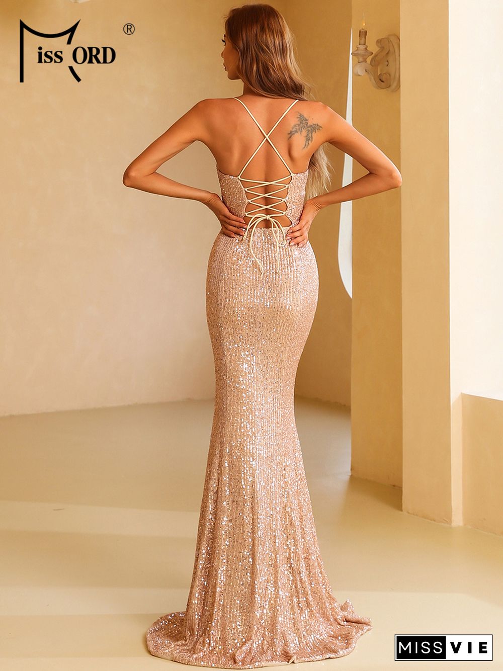 Missord Summer Women Maxi Sexy Sequins Spaghetti Strap V Neck Backless Dress Evening Prom Thigh Split Party Vestidos Gold