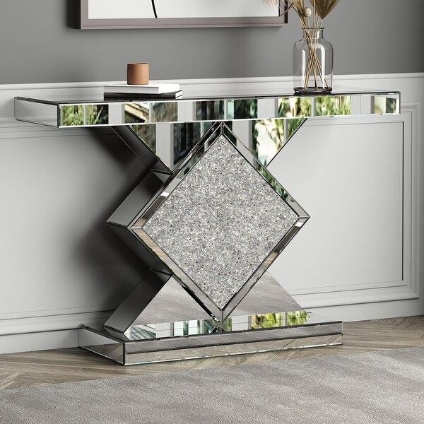 Mirrored Entryway Console Table with Crushed Diamond Inlay