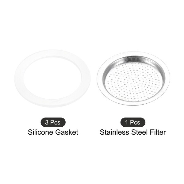 3x Silicone Gasket 1x Filter Screen 46x38mm for 1-Cup Mocha Coffee Pot - White， Silver Tone