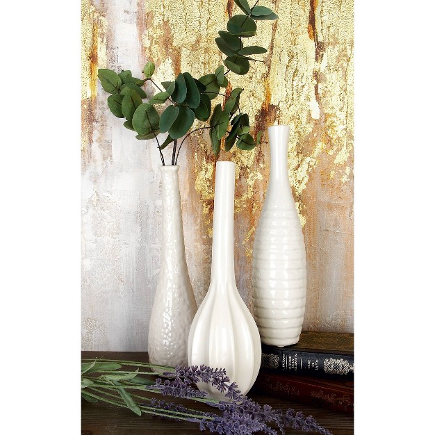 Set Of 3 Ceramic Slim Bottleneck Vases With Textured Patterns White Cosmoliving By Cosmopolitan