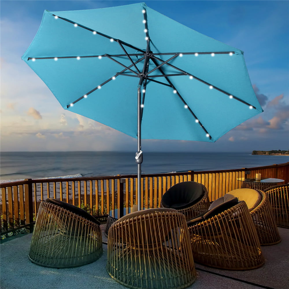 9Ft LED Lights Outdoor Solar Patio Umbrella for Deck, Pool W/ Tilt & Crank, 8 Ribs, Lake Blue