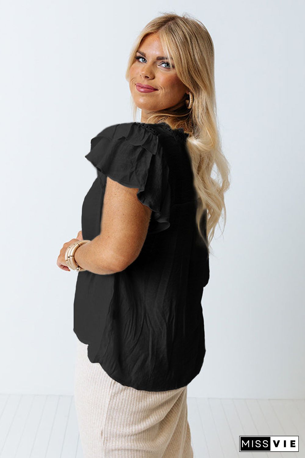 Black Crochet Split V Neck Ruffle Sleeve Plus Size Blouse