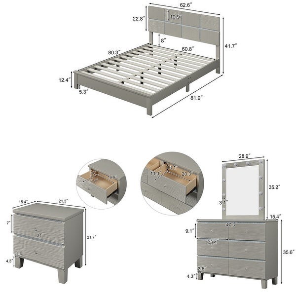 5-Pieces Champagne Silver Wooden Bedroom Sets - - 37893685