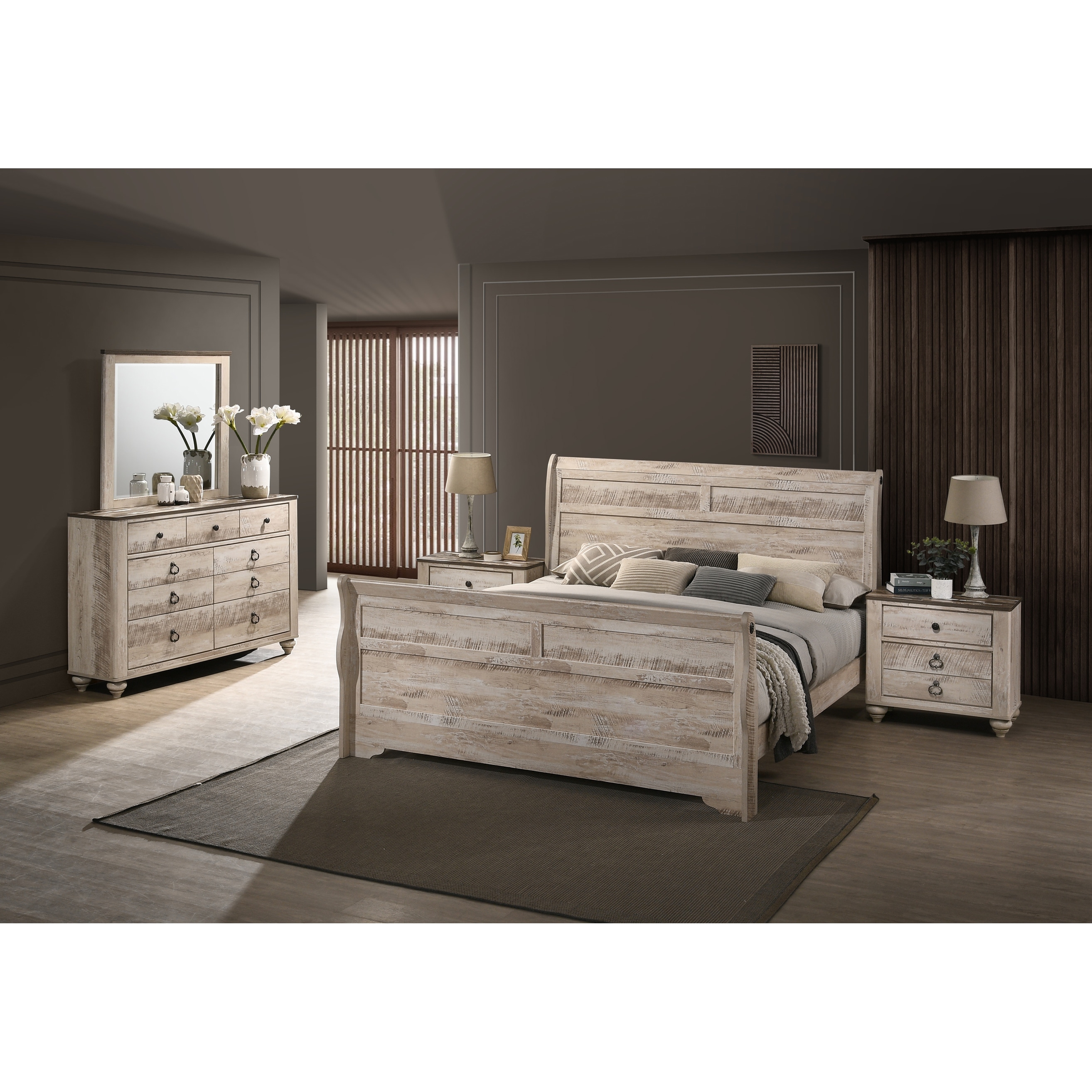 Roundhill Furniture Imerland Contemporary White Wash Finish Bedroom Set with Sleigh Bed， Dresser， Mirror， Two Nightstands - - 32524438