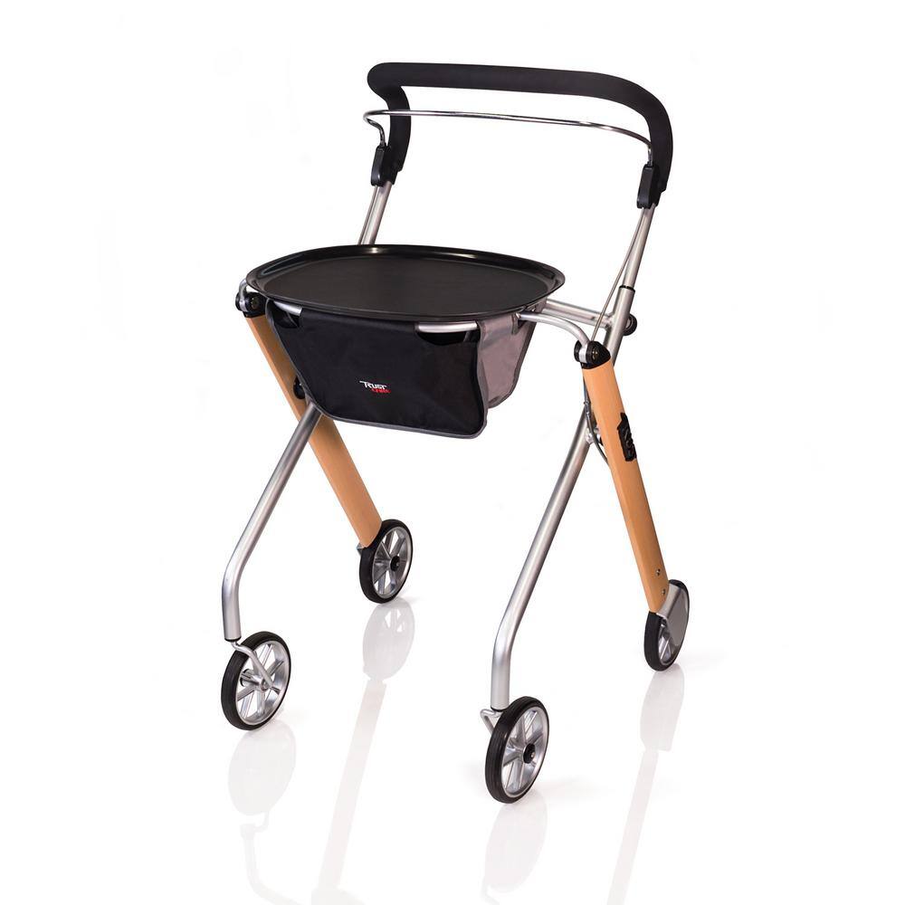 Stander Trust Care Let's Go 4-Wheel Indoor Rollator Rolling Walker with Tray and Basket in Beech Wood 4500-BE