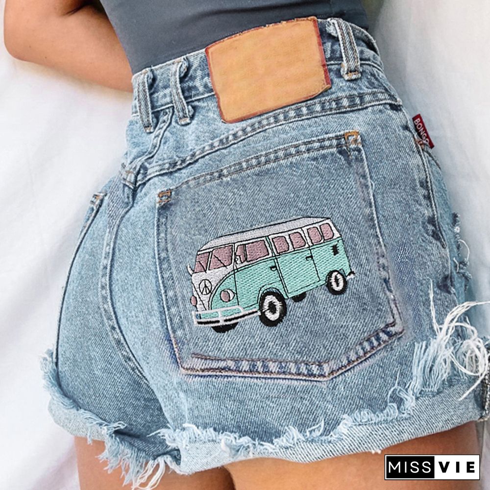 Basic Casual Printed Graphic Denim Shorts