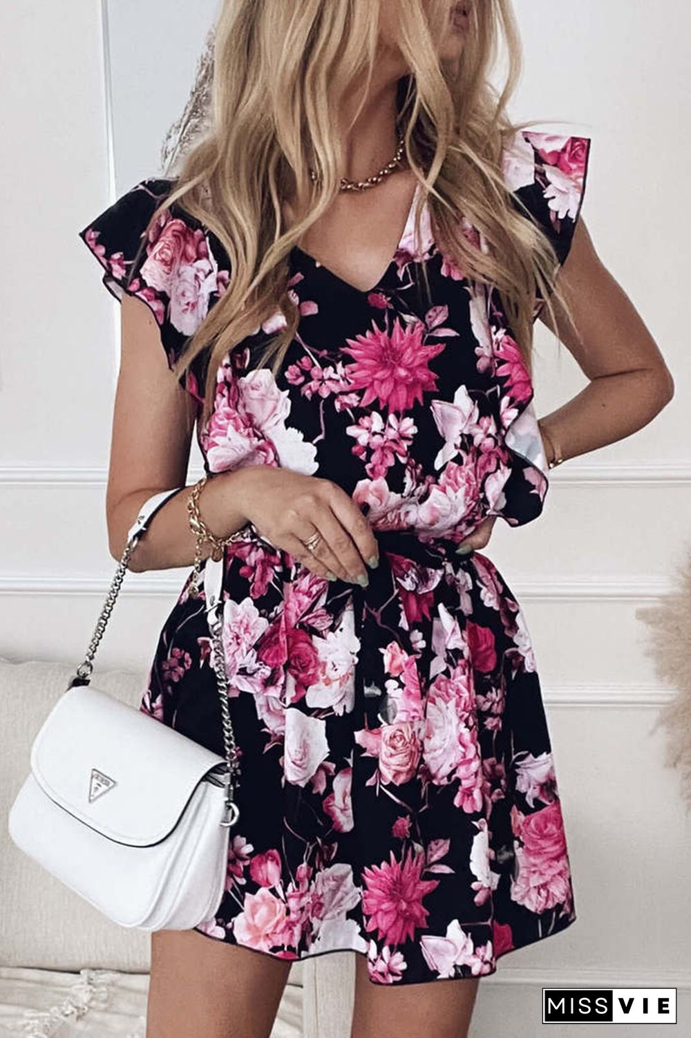 Fashion Elegant Floral Frenulum Flounce V Neck Waist Skirt Dresses