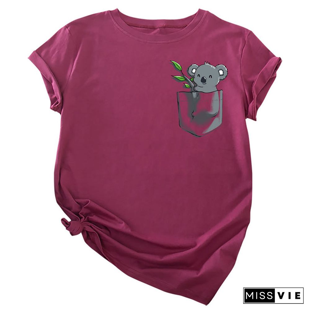 Koala Pocket Print  Round Collar T-Shirt