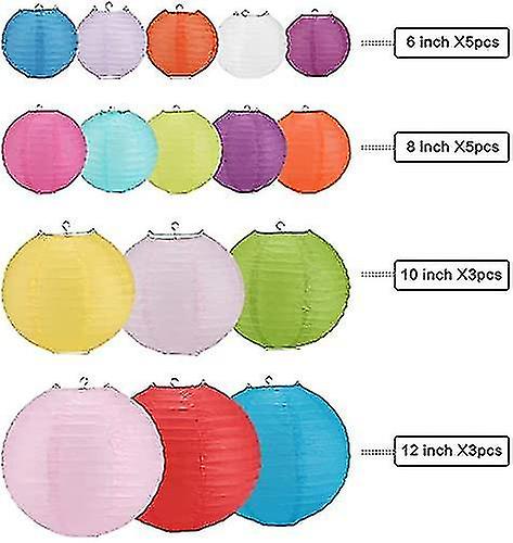 16 Pcs Paper Lanterns Round Colorful Paper Lantern With Wire Ribbing， Different