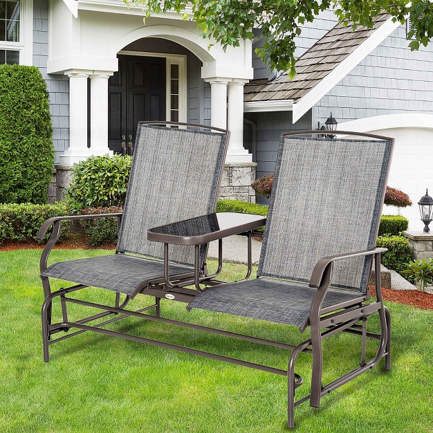 Outsunny 2 person Outdoor Glider Bench W Center Table Steel Frame For Backyard Garden Porch