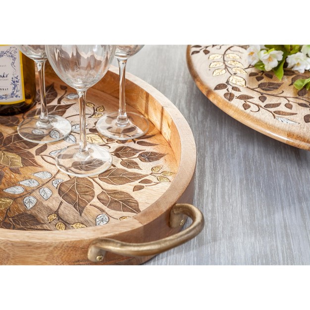 Gg Collection Mango Wood With Laser And Metal Inlay Leaf Design Lazy Susan