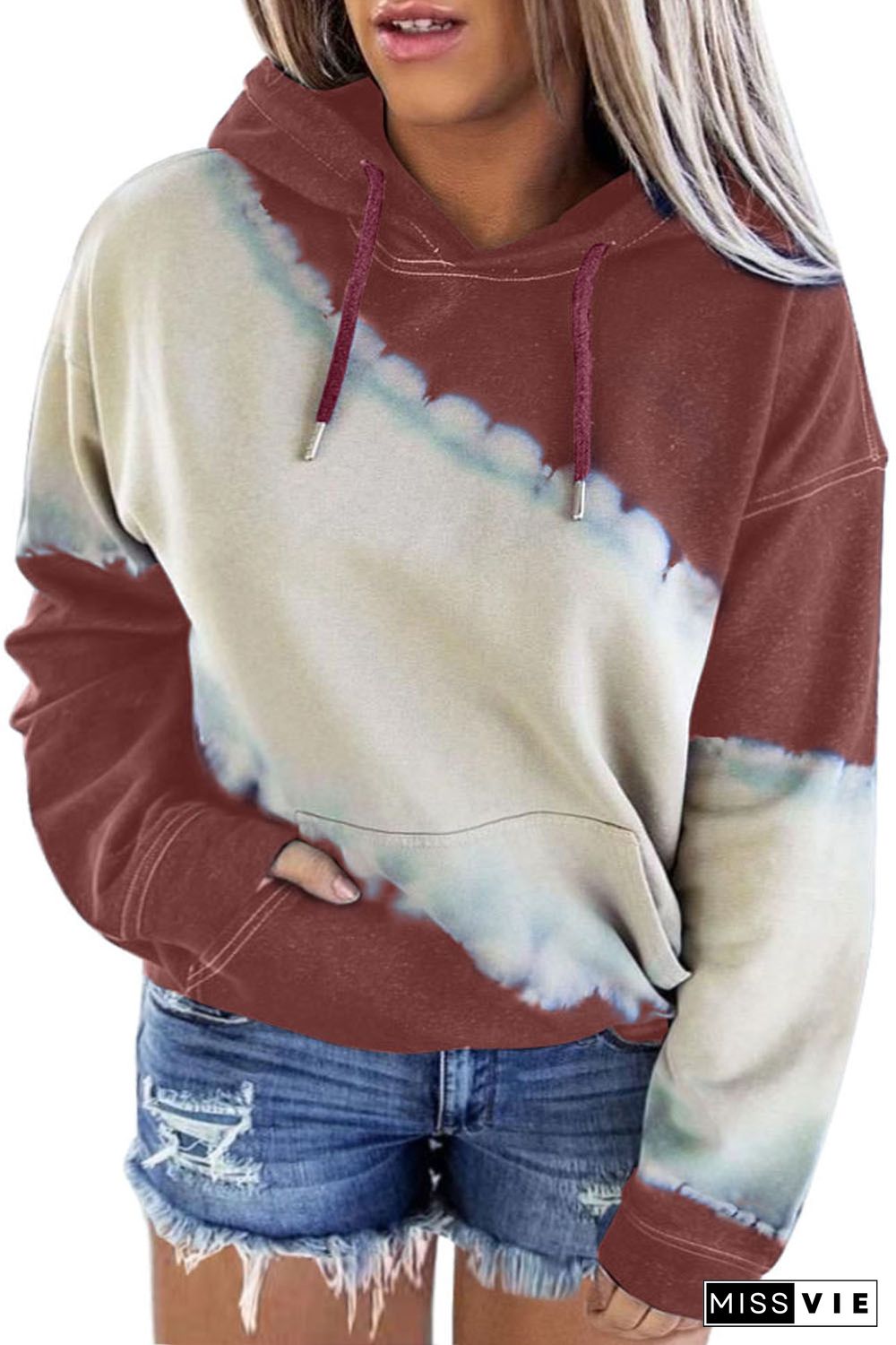 Wine Red Tie Dyed Color Block Plus Size Hoodie