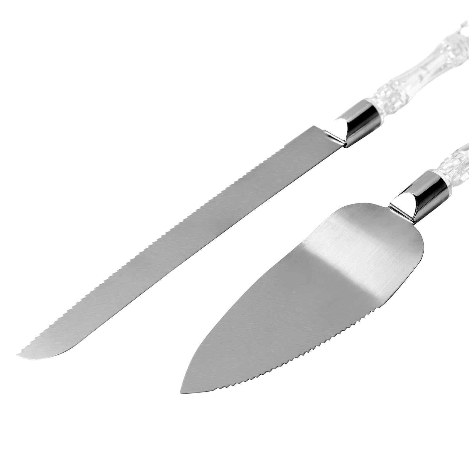 2 Set Stainless Steel Knife and Server Party Favors Set With Clear Acrylic Handle Free Gift Box 10