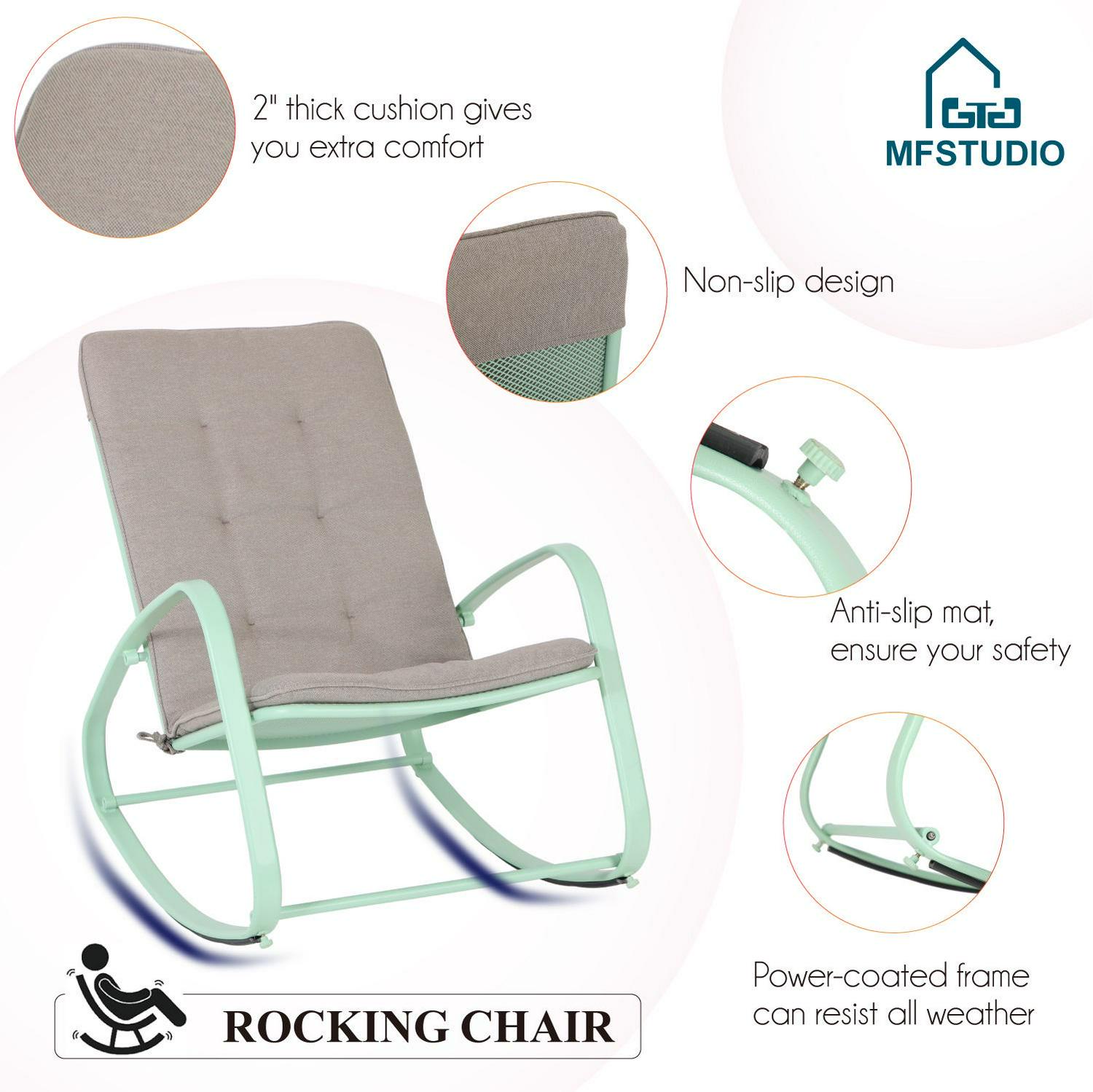 Outdoor 1 PC Rocking Chair Metal Rocking Chair with Cushion for Outdoor Indoor Balcony， Green