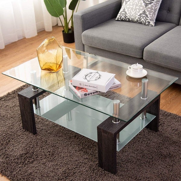 Coffee Table Modern Simple Style Rectangular Wood Legs End Side Table Living Room Home Furniture with Shelf (Dark Brown)