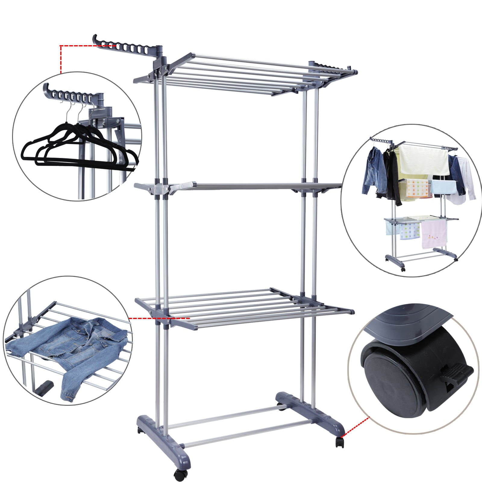 Voilamart Clothes Drying Rack, 3-Tier Collapsible Rolling Dryer Clothes Hanger Adjustable Large Stainless Steel Garment Laundry Racks with Foldable Wings Indoor Outdoor, Gray