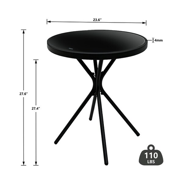 All Weather Outdoor Round Patio Table，Metal Bistro Table with Tempered Glass Tabletop，Compact Powder Coated Side Table，Black