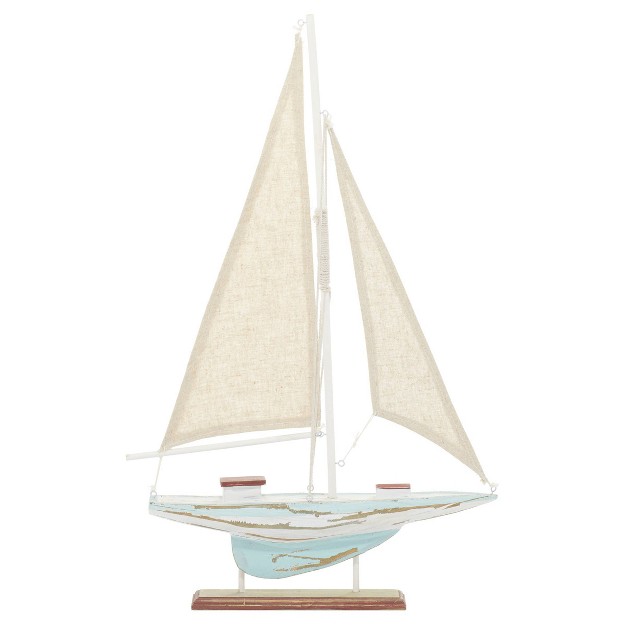 X 14 quot Decorative Coastal Pine Wood And Linen Sailing Boat Sculpture Olivia amp May