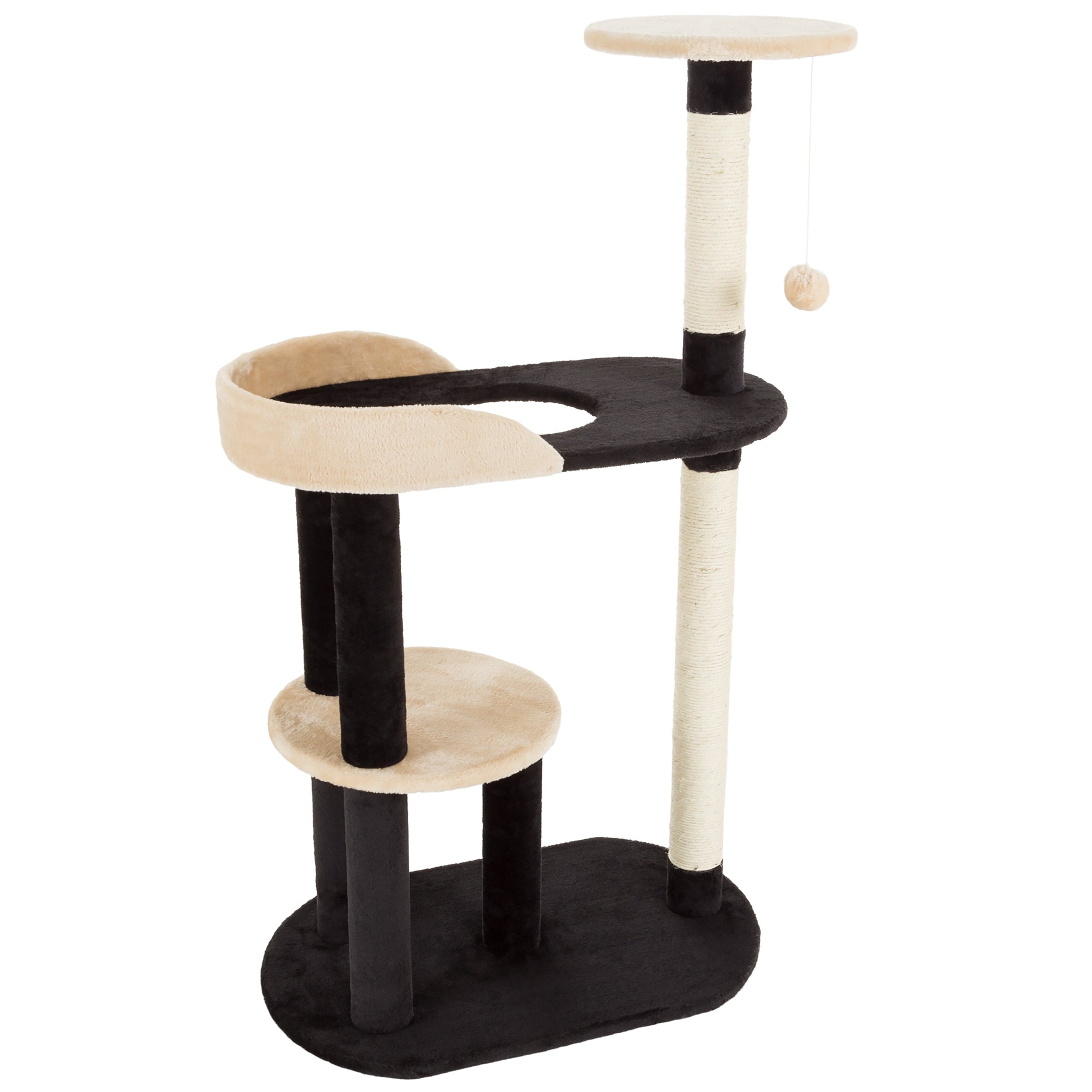 3-Tier Cat Tower with 2 Napping Perches， Peek Hole， 2 Sisal Rope Scratching Posts， and Hanging Toy – Cat Tree for Indoor Cats by PETMAKER (Black)