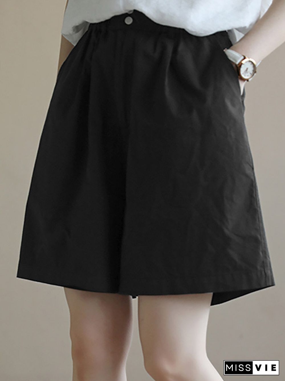 Solid Pocket Elastic Waist Wide Leg Casual Shorts