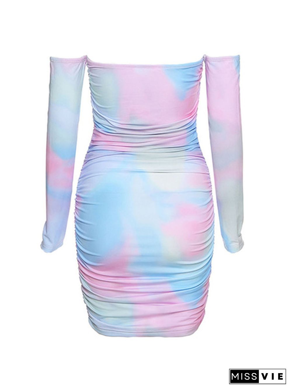 Women Sexy Long Sleeve Off Shoulder Tie-dye Print Dress Fashion Dress for Women Ladies